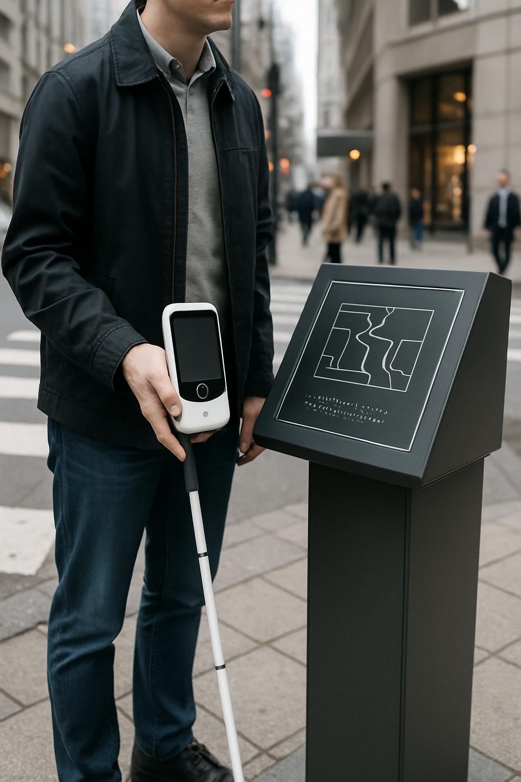 A man standing on a sidewalk, holding a white cane in his right hand and a white, rectangular device with a dark screen. H...