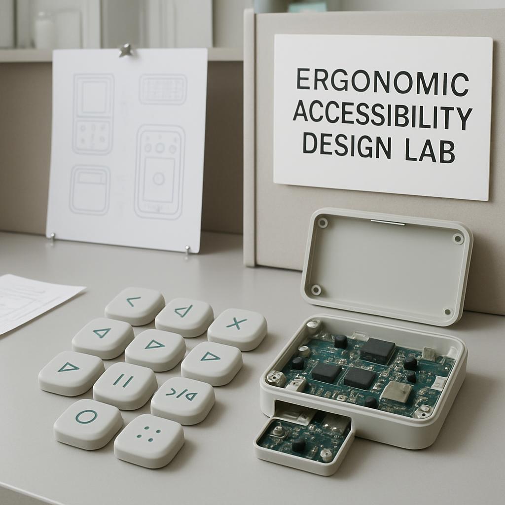 Ergonomic Accessibility Design Lab with various components and circuitry displayed on a white table.